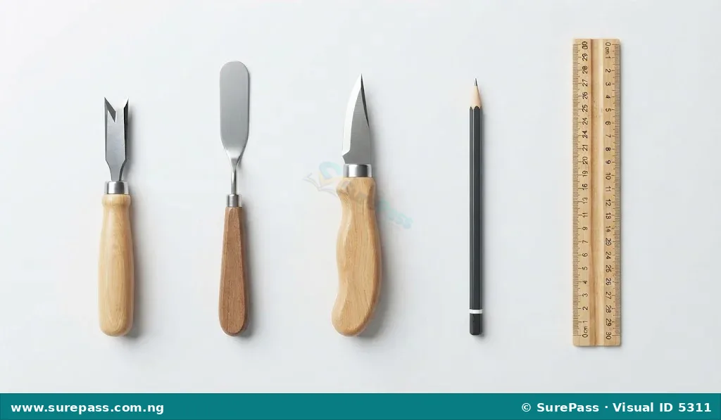 A small chisel, a metal spatula, a carving knife, a pencil, and a ruler, representing common carving tools.