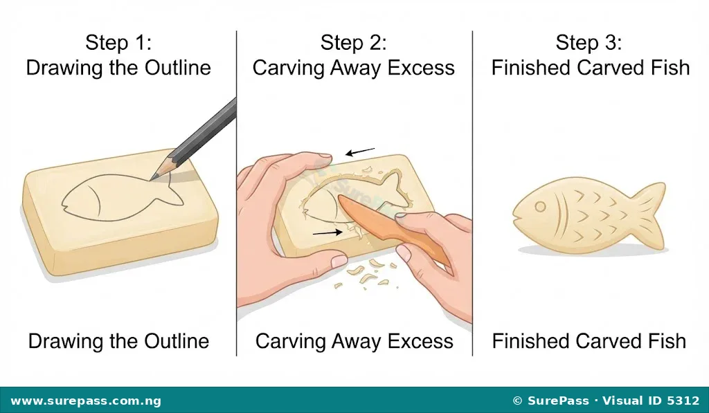 A three-step visual guide showing how to carve a simple fish from a bar of soap. First, draw the outline. Second, carefully cut away excess soap. Third, reveal the finished carved fish.