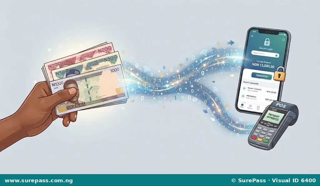 Conceptual illustration showing the transition from physical cash to digital payment methods like mobile banking and POS terminals.