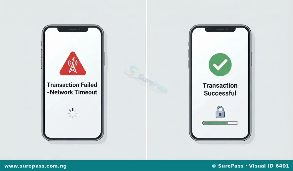 Comparison diagram showing a failed transaction due to network issues versus a successful digital transaction.