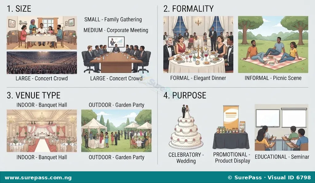 Four panels illustrating event characteristics: size (small, medium, large), formality (formal, informal), venue type (indoor, outdoor), and purpose (celebratory, promotional, educational).