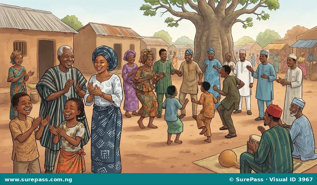 A group of Nigerian people in colourful traditional clothes celebrating together.