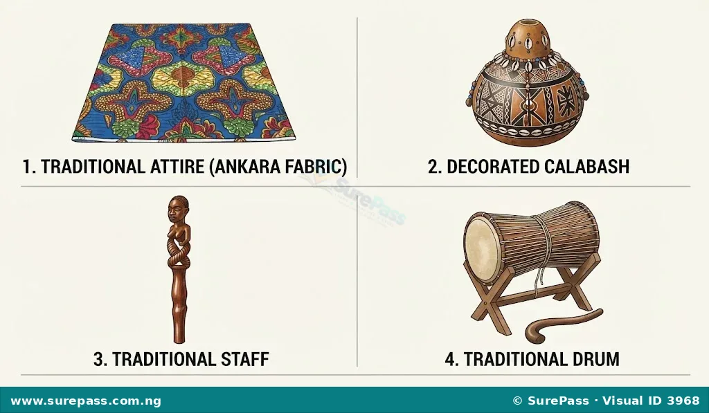 A collage showing a colourful traditional attire, a decorated calabash, a traditional staff, and a drum, all used in Nigerian traditional ceremonies.