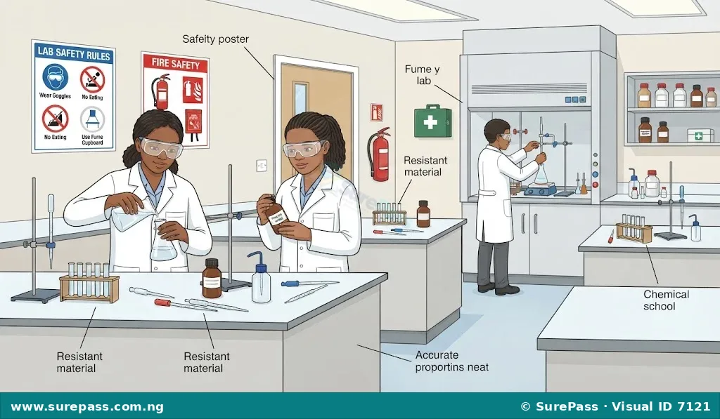A clean and organised chemistry laboratory where students are safely conducting experiments, wearing lab coats and safety goggles.