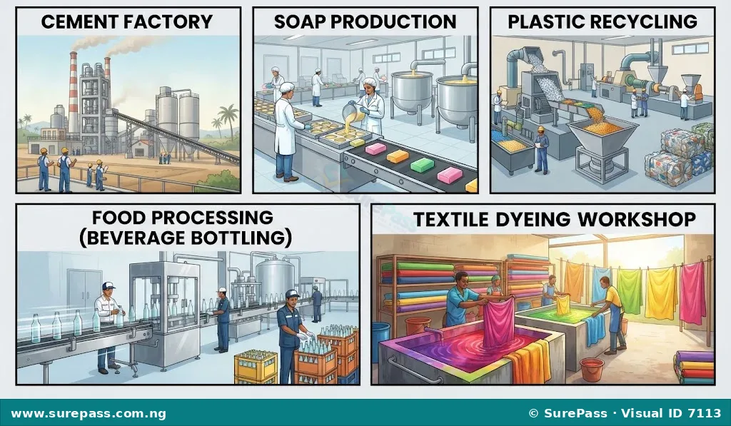 Collage showing a cement factory, soap production, plastic recycling, beverage bottling, and textile dyeing, representing local chemical industries.