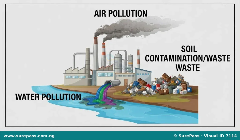 Diagram showing a factory causing air pollution with smoke, water pollution with liquid waste flowing into a river, and soil contamination with waste piles.