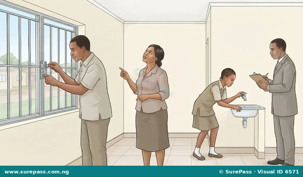 A family inspecting the interior of a house, checking the windows, ceiling, and water fittings during a housing search.