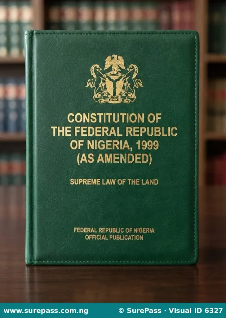 Cover of the 1999 Constitution of the Federal Republic of Nigeria, a legal document.