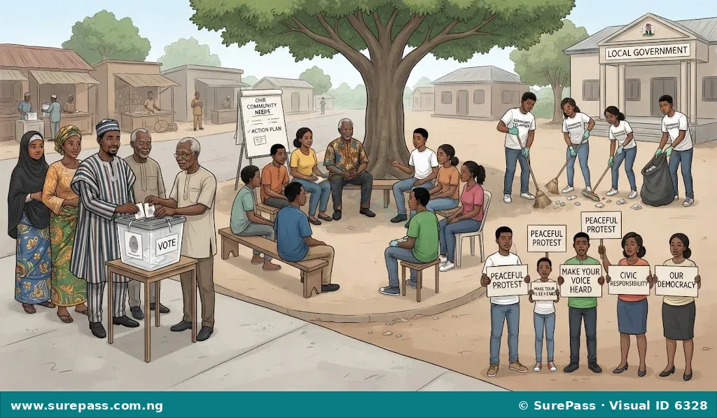 Diverse Nigerian citizens participating in civic activities like voting, community meetings, volunteering, and peaceful protests.