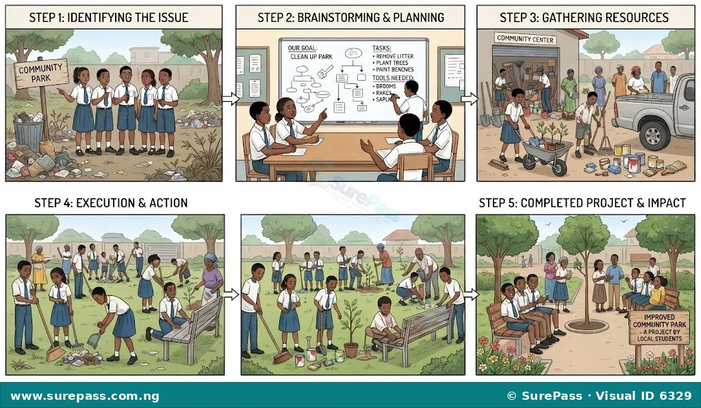A five-panel sequence illustrating the steps of a community service project, from identifying a problem to planning, gathering resources, execution, and finally, showing the positive outcome.