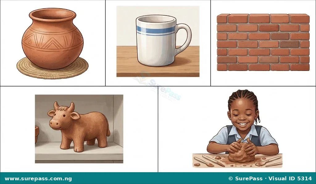 A collage showing a traditional clay pot, a ceramic mug, a brick wall, a clay animal sculpture, and a child playing with clay.