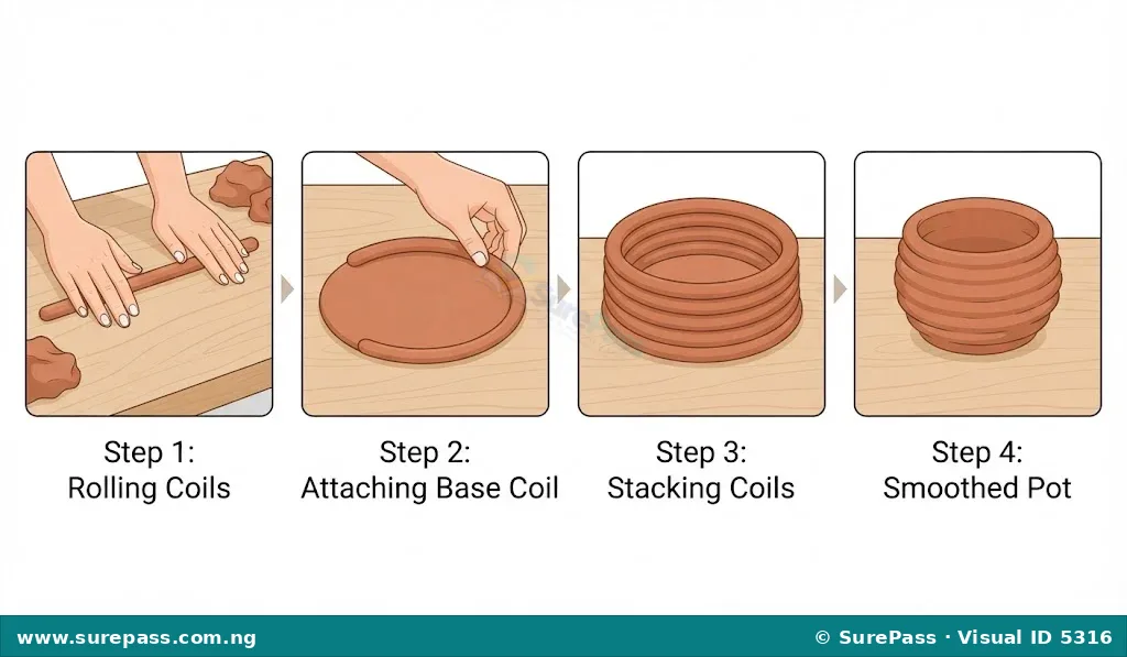 Four images showing the coiling technique. First, rolling a clay coil. Second, attaching a coil to a base. Third, stacking multiple coils. Fourth, a smoothed coiled pot.