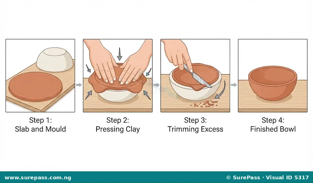 Four images showing the moulding technique. First, a clay slab and a mould. Second, pressing clay into the mould. Third, trimming excess clay. Fourth, a finished moulded clay bowl.