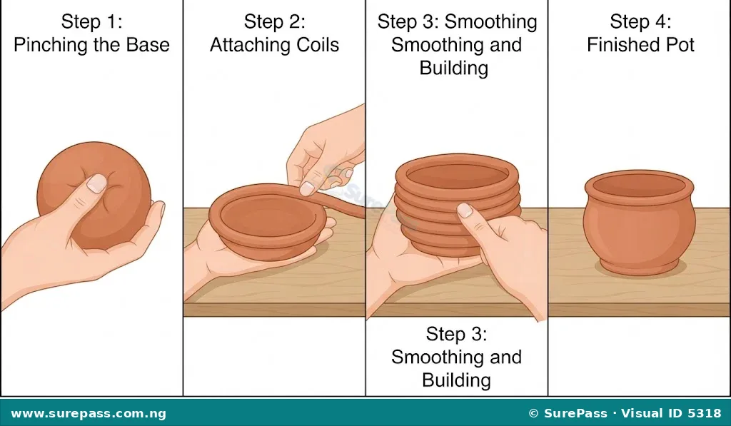 Step-by-step images showing how to make a small clay pot using pinching for the base and coiling for the walls.