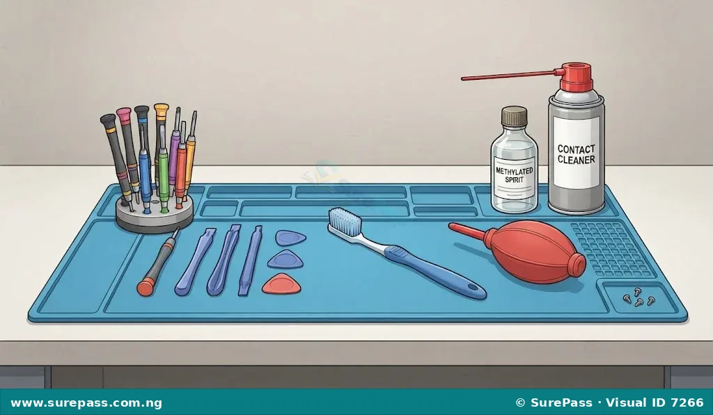 A clean workstation with hardware repair tools and cleaning liquids arranged on a magnetic mat.