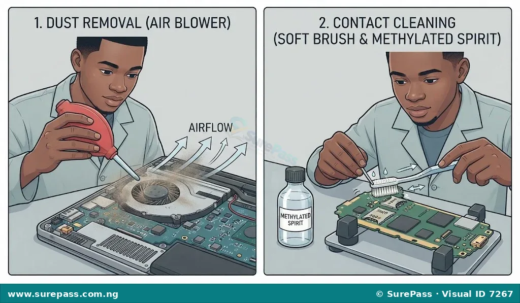 Left side shows air blower cleaning a computer fan. Right side shows toothbrush cleaning mobile phone contacts.