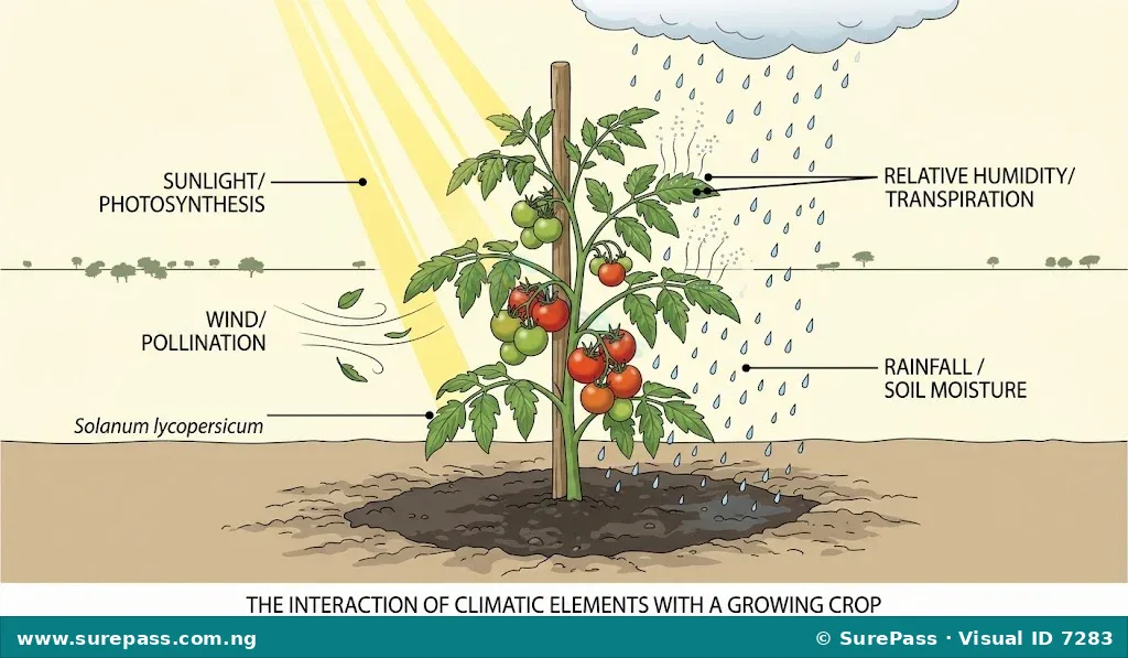 An illustration showing how sunlight, rainfall, wind, and relative humidity interact with a growing crop.