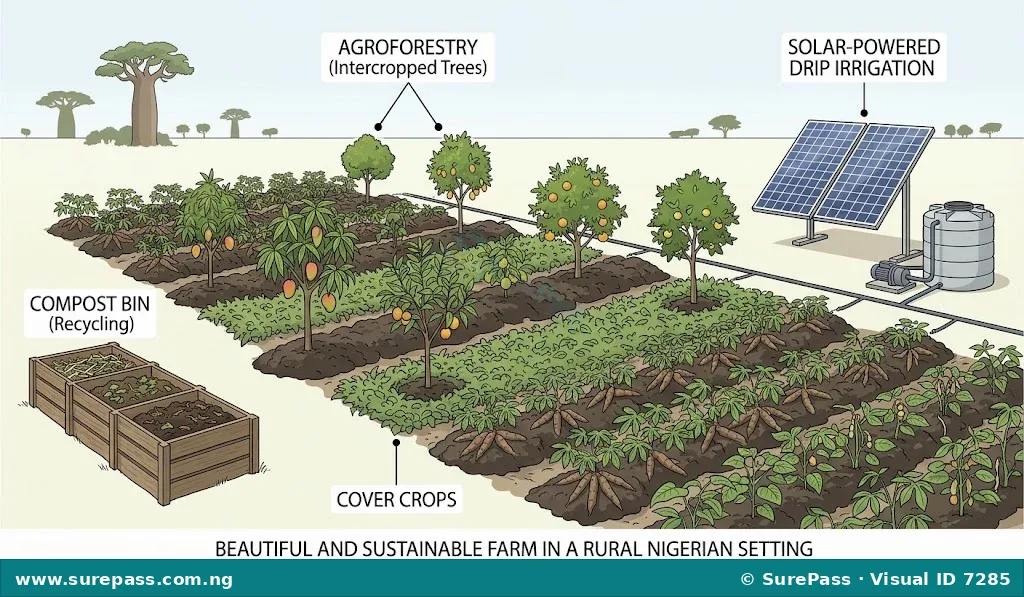 An illustration of a sustainable farm practicing agroforestry, cover cropping, composting, and using solar energy.
