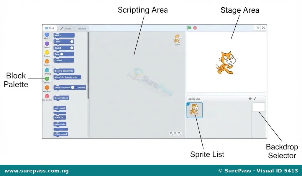 Labelled diagram of the Scratch 3.0 user interface.