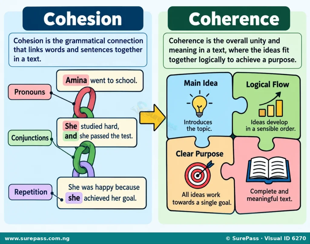 Diagram showing cohesion as grammatical links between sentences and coherence as the logical flow of ideas in a text.