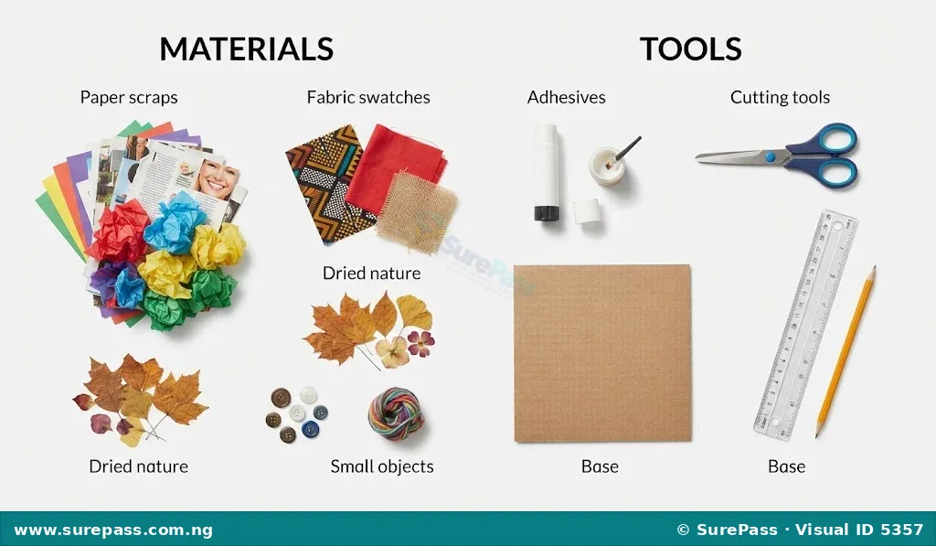 A collection of collage materials and tools including paper, fabric, leaves, buttons, glue, scissors, ruler, and cardboard.