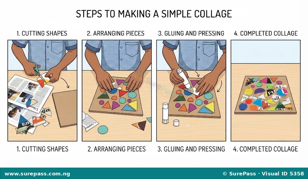 A four-step visual guide showing how to make a simple collage, from cutting materials to arranging, gluing, and the final drying artwork.
