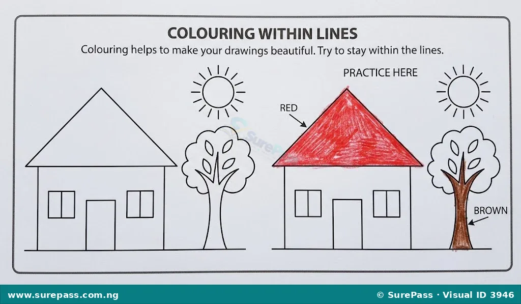 A drawing of a house and tree, with parts of the house roof coloured red and the tree trunk coloured brown, demonstrating colouring within lines.