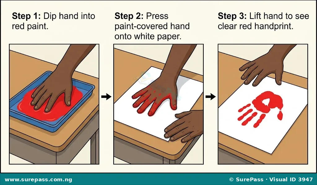 Three images showing how to make a hand print. First, a hand dips into red paint. Second, the painted hand presses on paper. Third, a red handprint is left on the paper.