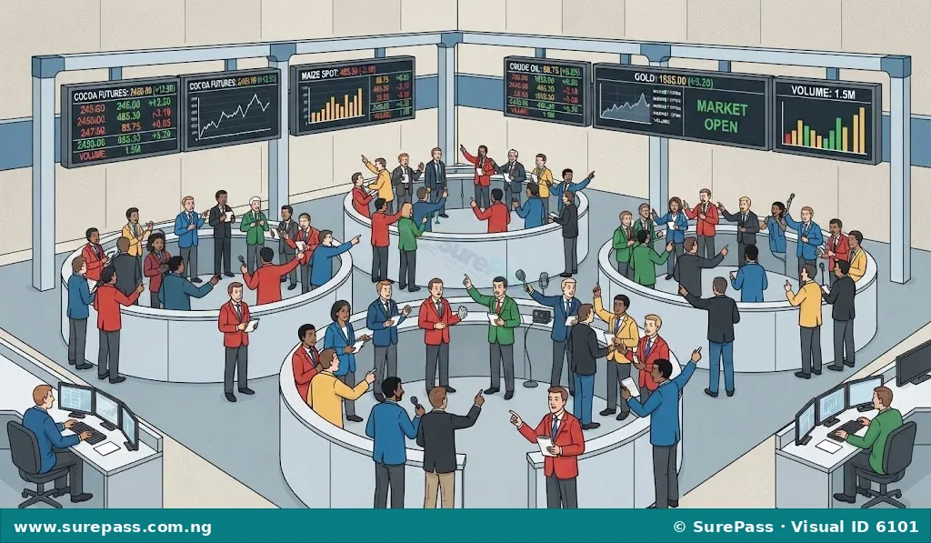 A busy commodity exchange trading floor with traders in colourful jackets using hand signals and looking at electronic screens.