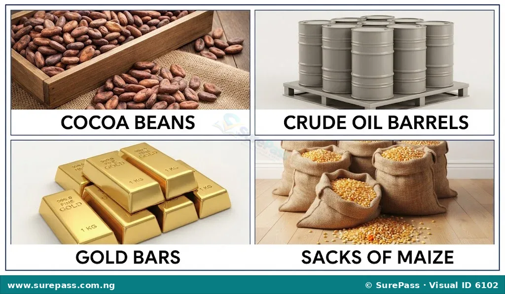 A collage of images showing different commodities: cocoa beans, crude oil barrels, gold bars, and sacks of maize.