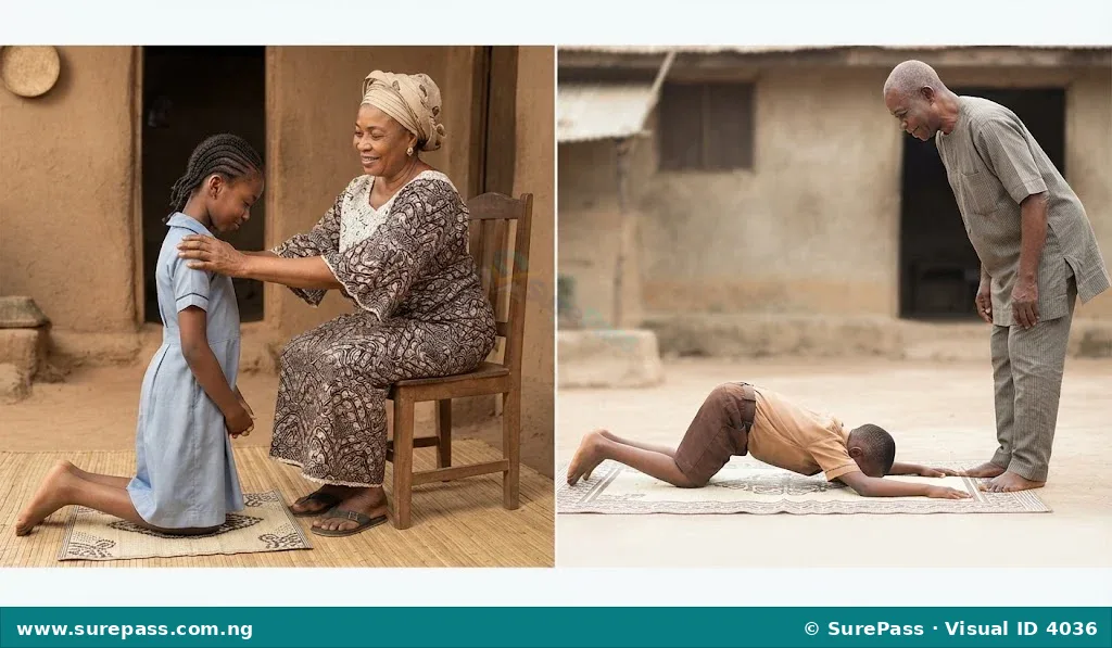 Two children demonstrating cultural greetings. A girl kneels to greet an older woman, and a boy prostrates to greet an older man.