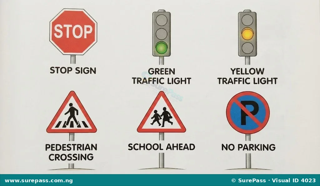 Six common road signs. A red stop sign, a green traffic light, a yellow traffic light, a pedestrian crossing sign, a school ahead sign, and a no parking sign.
