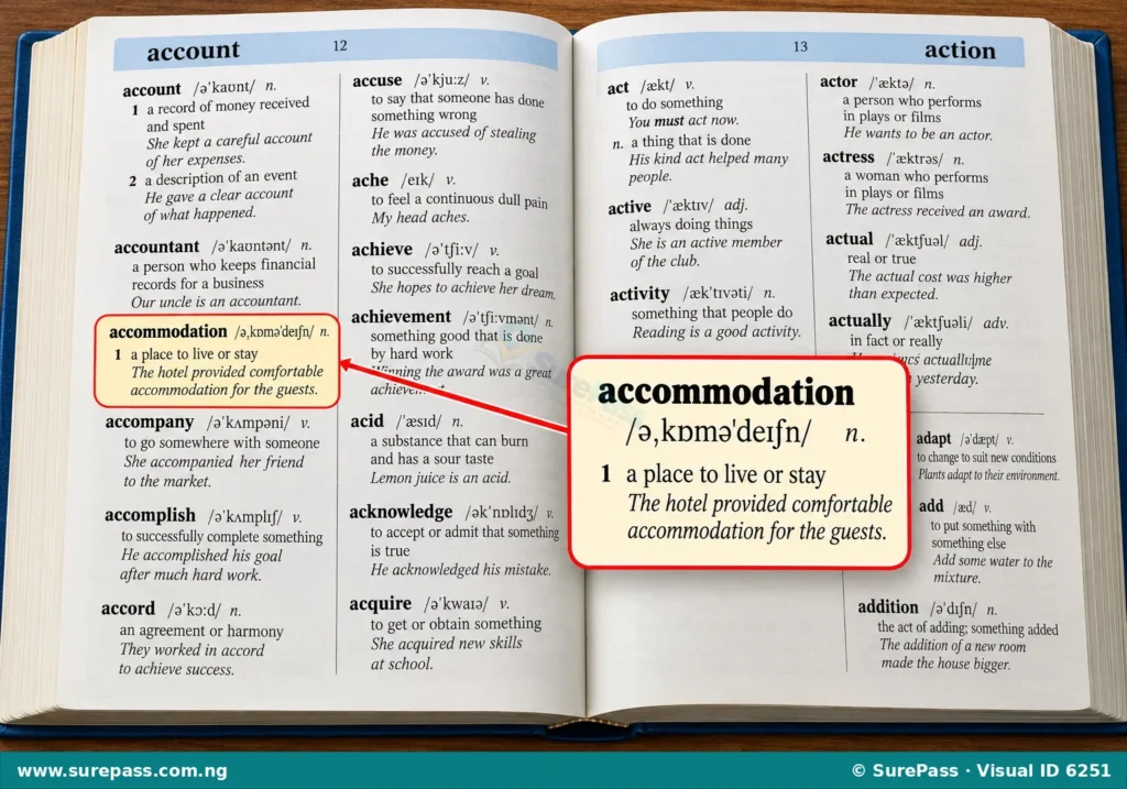 A dictionary page showing entries. The entry for 'accommodation' is highlighted, displaying its correct spelling, pronunciation, part of speech, definition, and an example sentence. Guide words are visible at the top.