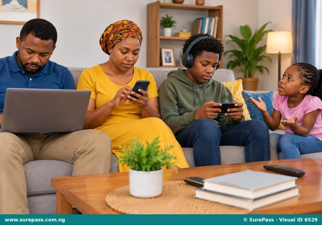 A family in a living room distracted by electronic devices, illustrating barriers to effective communication.