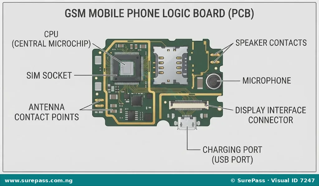 Labelled diagram of a GSM phone logic board showing CPU, SIM socket, antenna, charging pot, and other components.