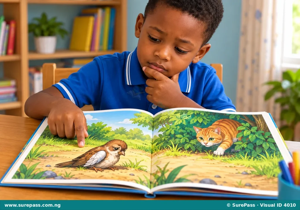 A boy looking at a storybook illustration of a sad bird and a creeping cat, thinking about what might happen next.
