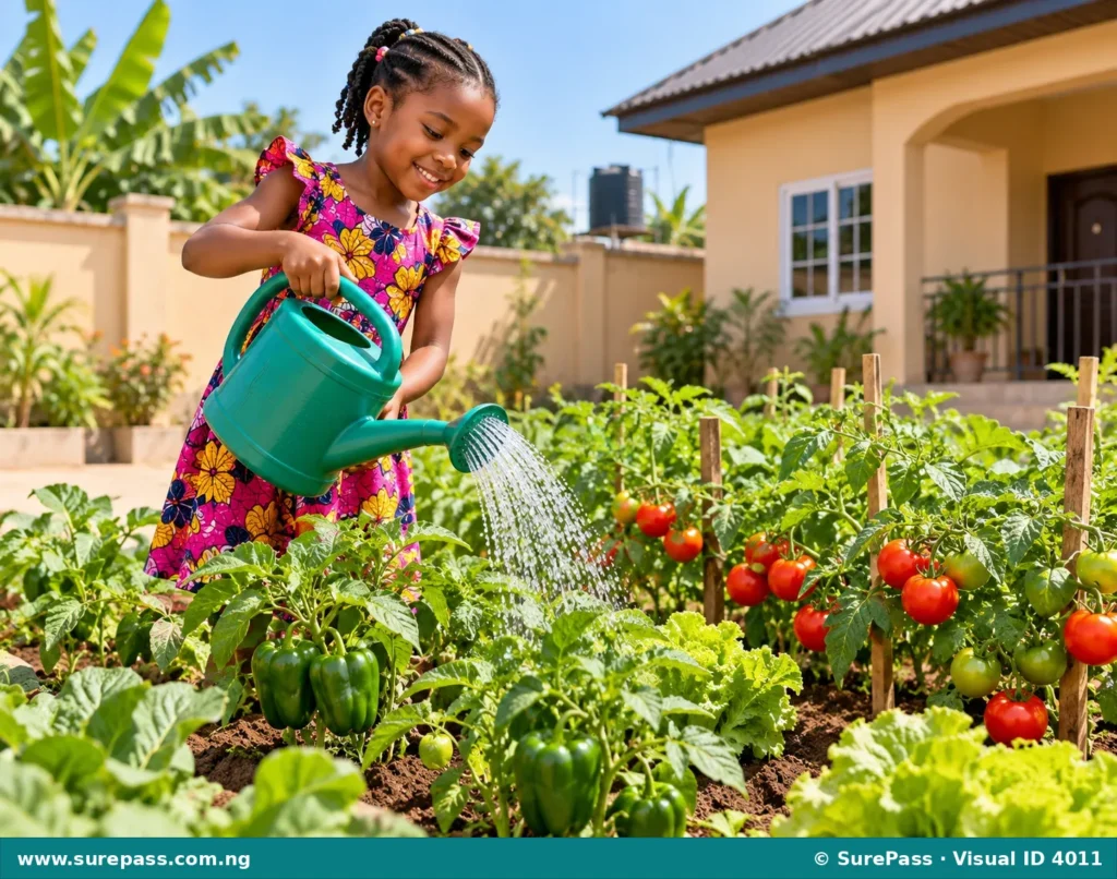 A young Nigerian girl, Ada, watering her healthy vegetable garden with red tomatoes and green peppers.