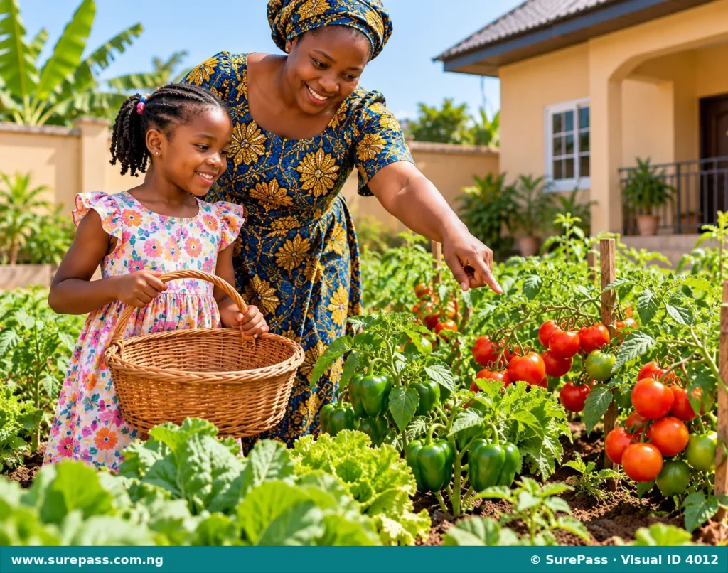 Ada and her mother in the garden. Ada holds an empty basket, and her mother points at the ripe vegetables.