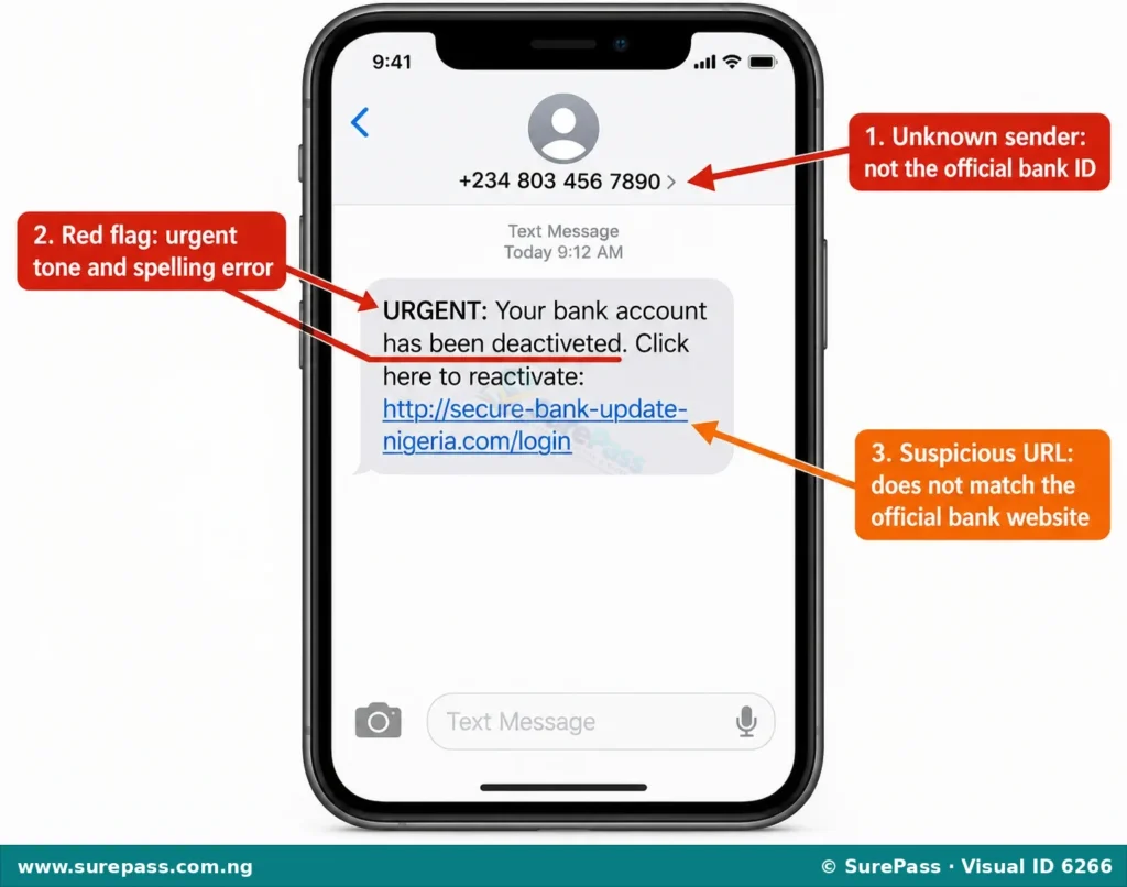 A diagram of a smartphone screen showing a phishing SMS with annotated red flags.