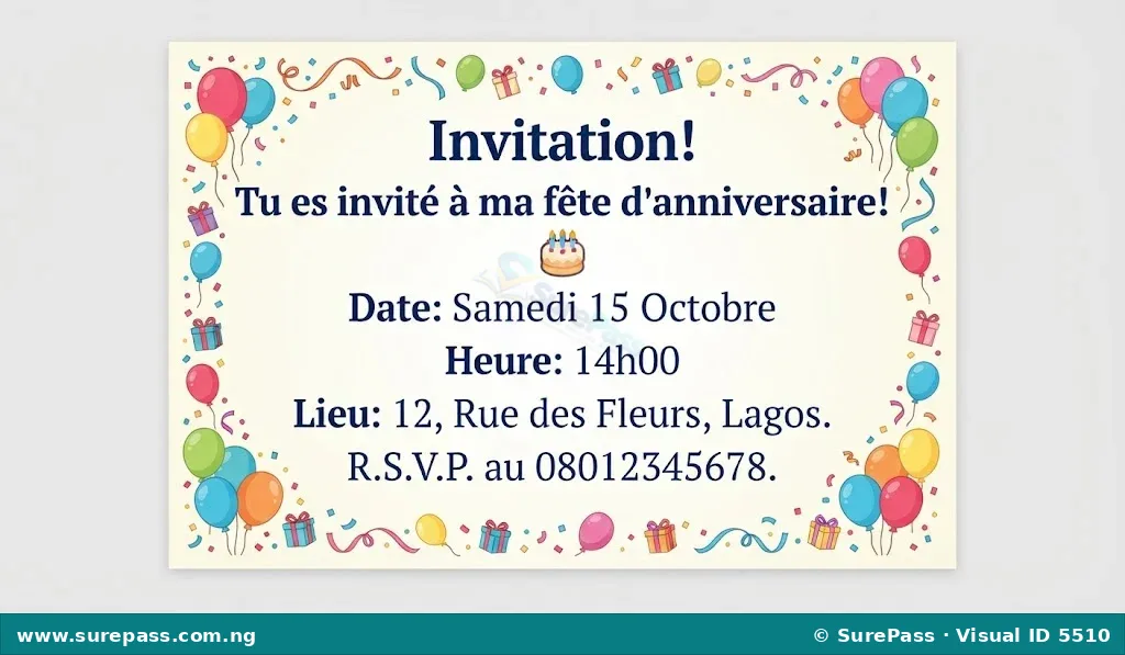 A French birthday invitation card with details of date, time, venue, and RSVP.