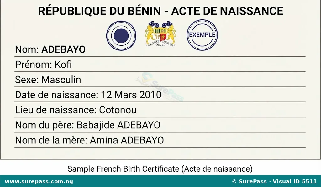 A simplified French birth certificate from Benin showing personal details.