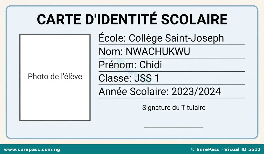 A French school identity card showing student details and a photo placeholder.