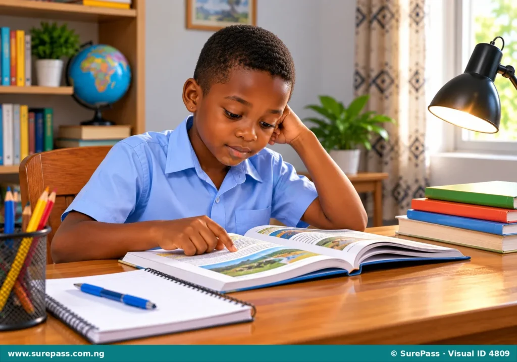 A young boy reading a textbook at a desk.