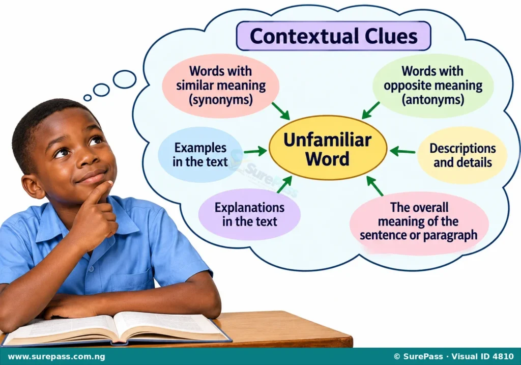 Diagram showing an unfamiliar word surrounded by "Contextual Clues" pointing to words and phrases that help understand its meaning.