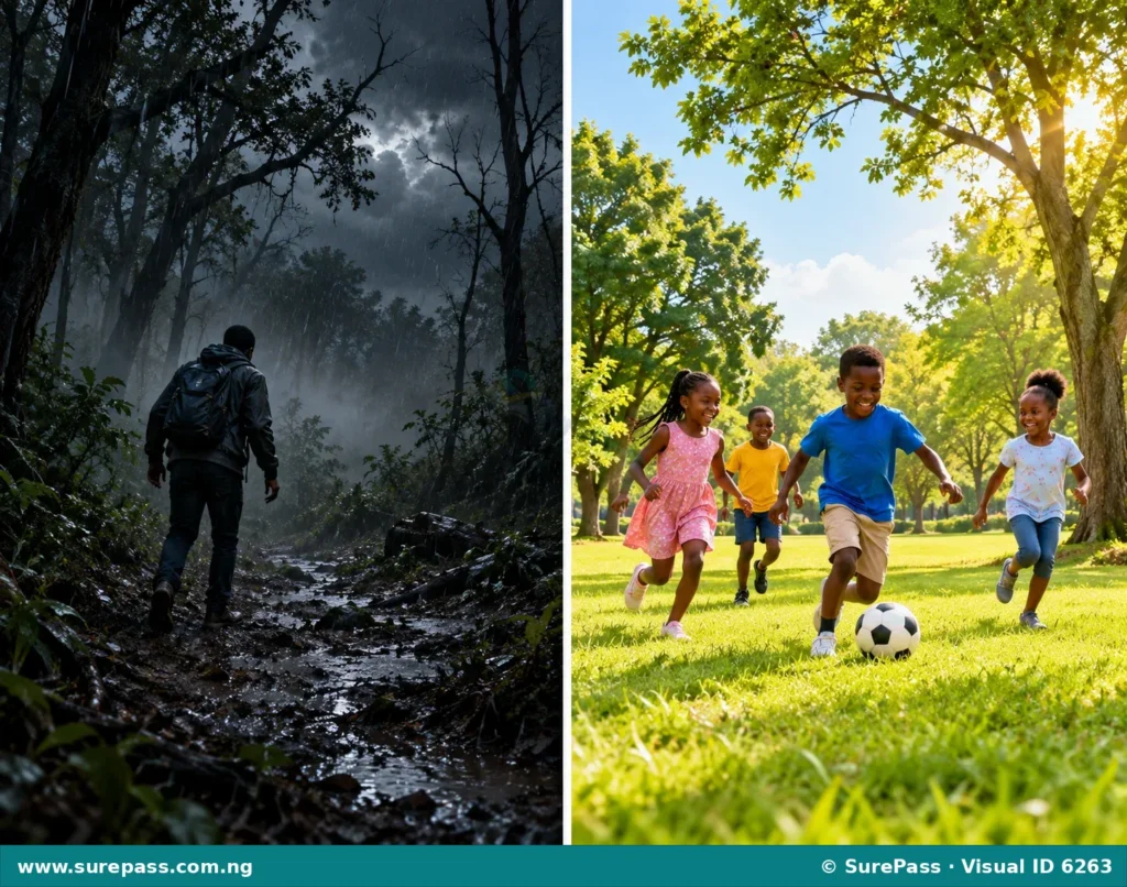 Two contrasting scenes illustrating mood - a dark, stormy forest for suspense, and a sunny park for joy.
