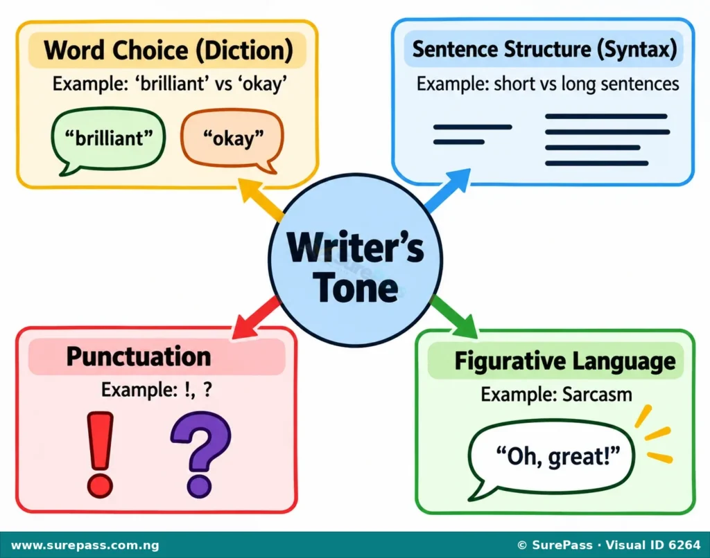 Diagram showing how word choice, sentence structure, punctuation, and figurative language contribute to a writer's tone.
