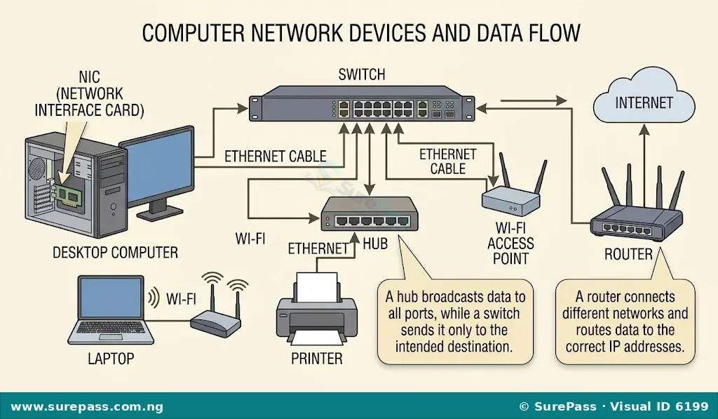 Diagram showing a computer network with various devices like computers, switches, routers, hubs, cables, NICs, and access points.