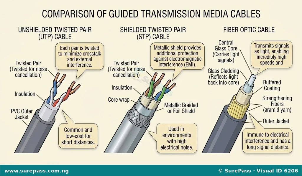 Cross-section diagrams comparing UTP, STP, and Fiber Optic cables, highlighting their internal structures.