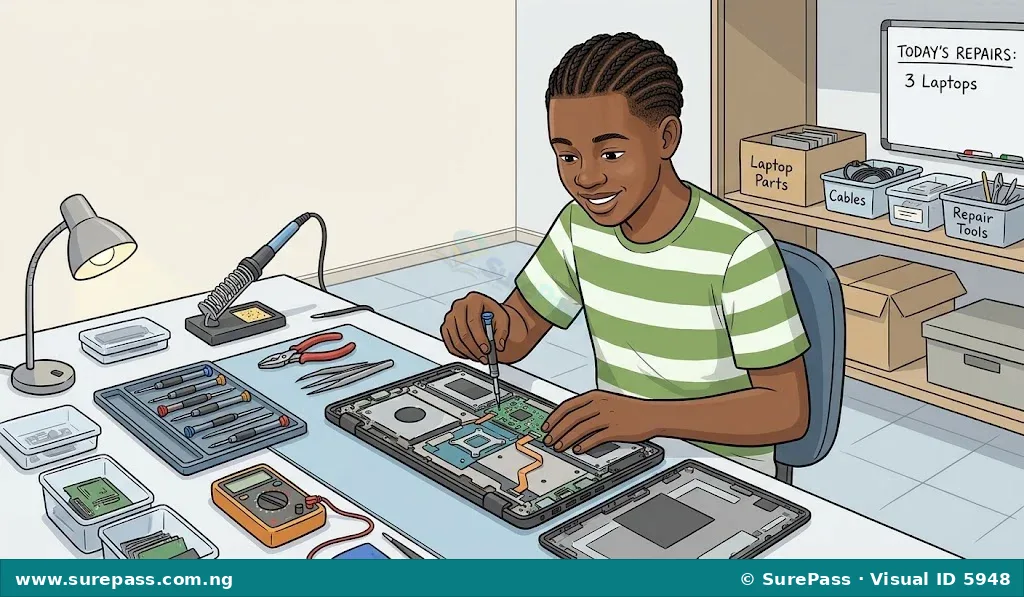 A young person repairing a laptop in a workshop, representing entrepreneurship.