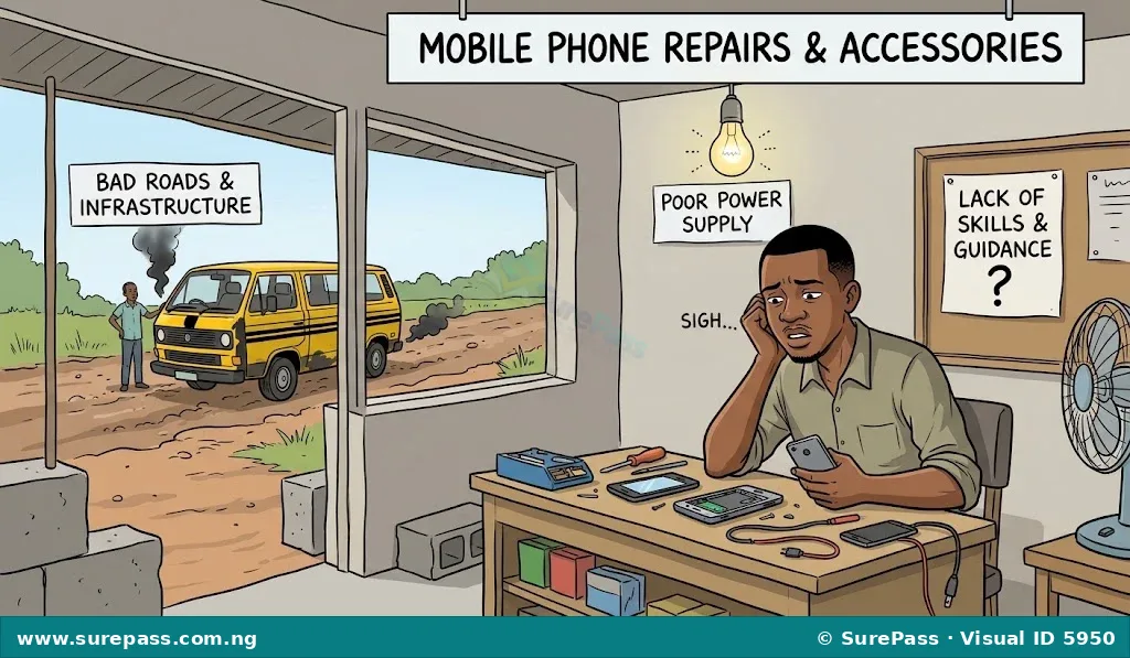 A frustrated small business owner with symbols of poor power, bad roads, and lack of skills in the background, illustrating challenges of entrepreneurship in Nigeria.